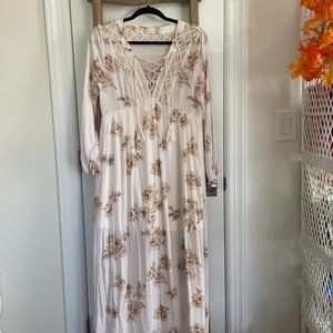 Altar’d State Boho neutral floral lace long sleeve maxi dress WOMEN'S SMALL